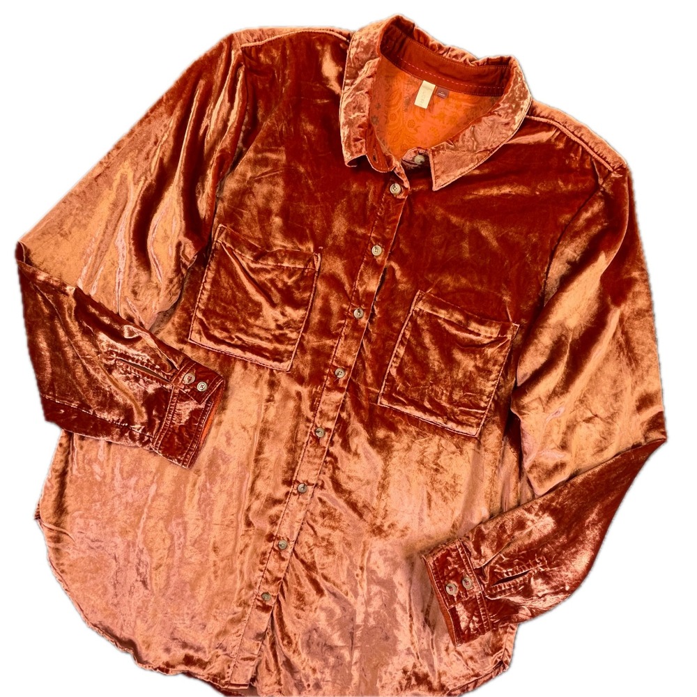 Pilcro Anthropologie Velvet Button Down Shirt XL Rust Orange Autumnal Earthy